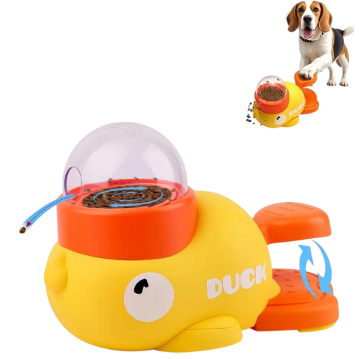 Godisdispenser för hundar och katter 24 x 12 cm Plastisk dispenser i form av en anka med aktiveringsknapp