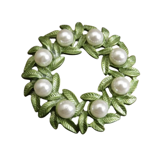 Lyxig modebrosch i form av en krans med gröna blad och vita pärlor - Diskret elegant tillbehör i zinklegering