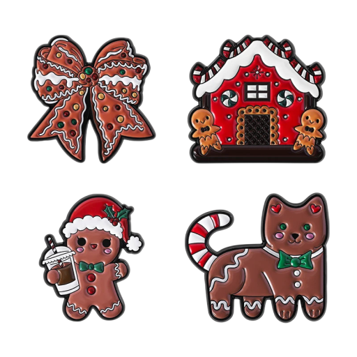 Julbrosch 2–3 cm 4 st Pepparkakor Festligt motiv pepparkaka katt rosett stuga Zinklegering