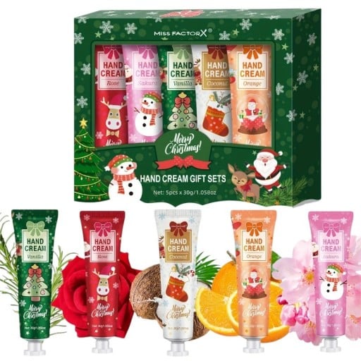 Set med 5 st handkrämer 30 g Julklappssats med fuktgivande krämer Vanilla Coconut Orange Rose Sakura låda 13,5 x 12 x 2,5 cm