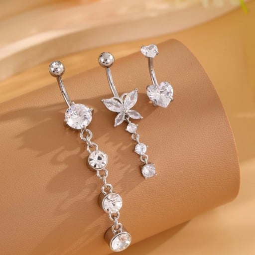 3 st piercingar i rostfritt stål Silverfärgad design Diamanter med hjärta och fjäril Elegant set av kroppssmycken