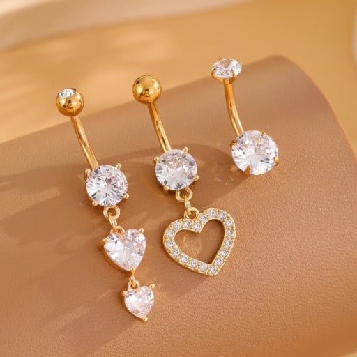 3 st Piercingar i rostfritt stål Guld Färg Med Diamanter Hjärta och Fjäril Body Jewelry Dekorativt Piercing Navel Öra