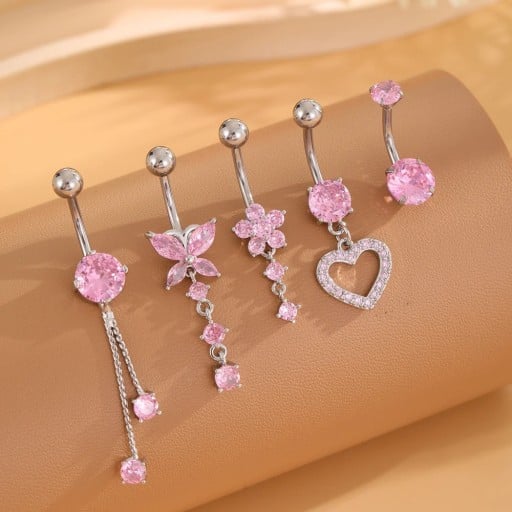 5 st piercingar i rostfritt stål Silver set med rosa detaljer Hjärta Fjäril Blomma Dekorerade med stenar Eleganta smycken
