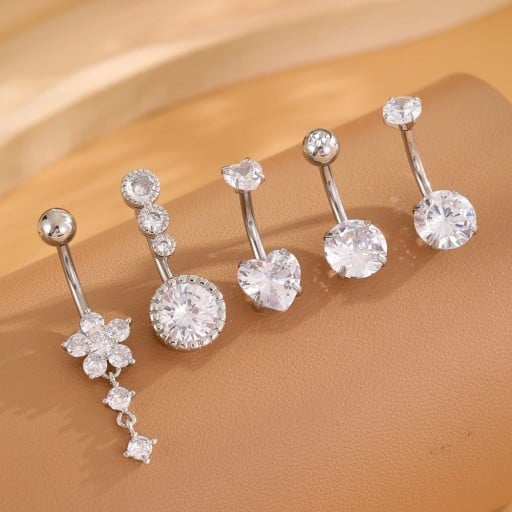 5 st piercingar i rostfritt stål Silver set med diamanter Hjärtan och blommor Fina dekorerade smycken för vardagsbruk