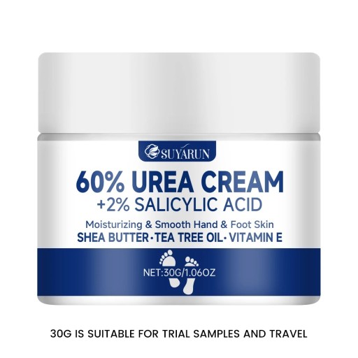 Fuktighetskräm för fötter och händer 30 g 60 % urea 2 % salicylsyra Sheasmör Tea tree Vitamin E 4,9 x 3,3 cm