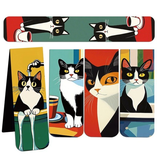 Sats 5 st magnetisk bokmärke 12 x 2 cm vikbar form katt färgglad illustrativ motiv