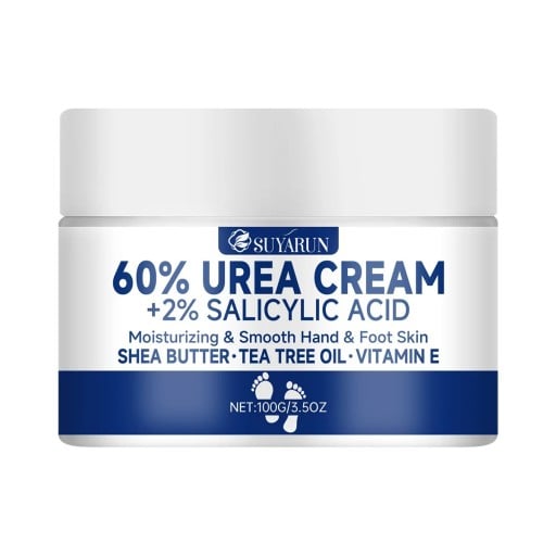 Fuktighetskräm för fötter och händer 100 g 60 % urea 2 % salicylsyra 7 x 4,3 cm Sheasmör Tea tree Vitamin E