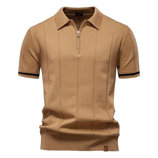 Herrpiké med dragkedja och V-hals och krage Kort ärm Enfärgad Polyester Viskos Elegant stil