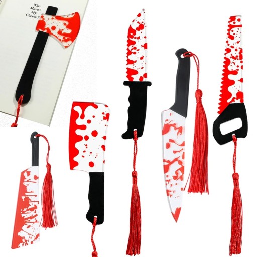 Set med 5 stycken bokmärken 15 cm med skräckmotiv av vapen med tofs, tematisk bokmärke för skräckälskare