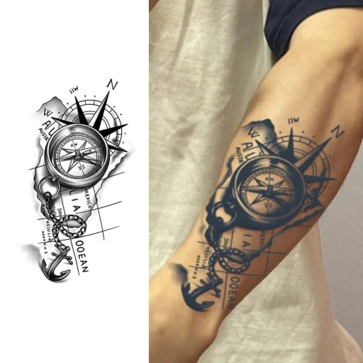 Dekorativt temporärt kroppsetikett med kompass- och ankarmotiv Uttrycksfull svart design för arm, ben eller kropp