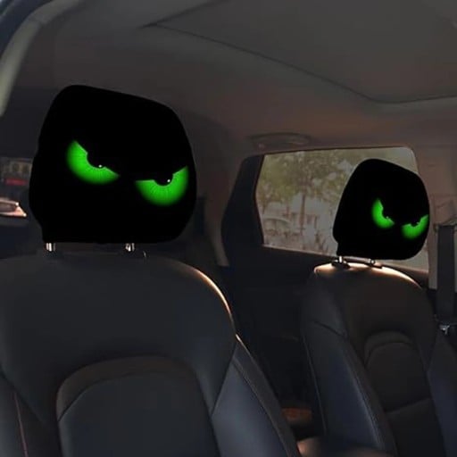 2 st Kuddehuvudskydd till bil 28 x 26 cm Svart polyesteröverdrag med motiv av gröna ögon Inredning till bilen