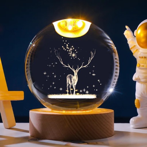 LED ljuskula 6 cm med träfot motiv av älg strömförsörjning via kabel nattljus dekoration till barnrum