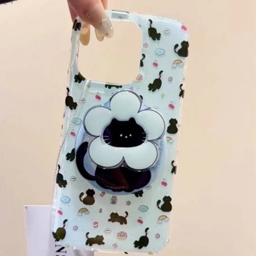 Mobilhållare för iPhone 16 och Samsung Plastisk hållare med kattmotiv och blomma Stilren skrivbordshållare