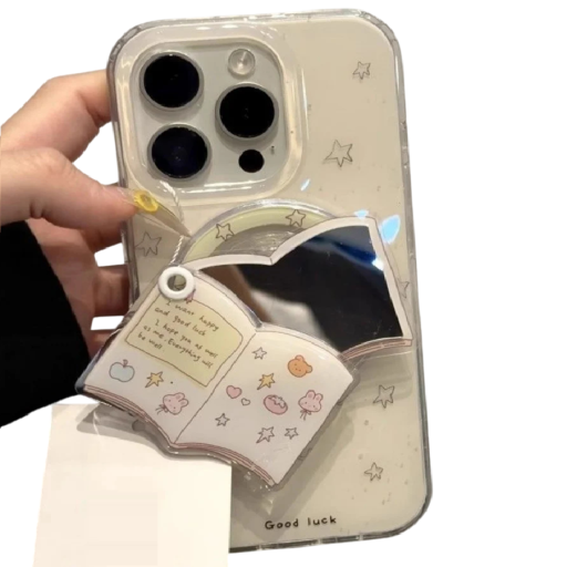 Mobilhållare för iPhone 16 3D kosmetiskt spegel med bok Plastisk stativ för mobil och smink