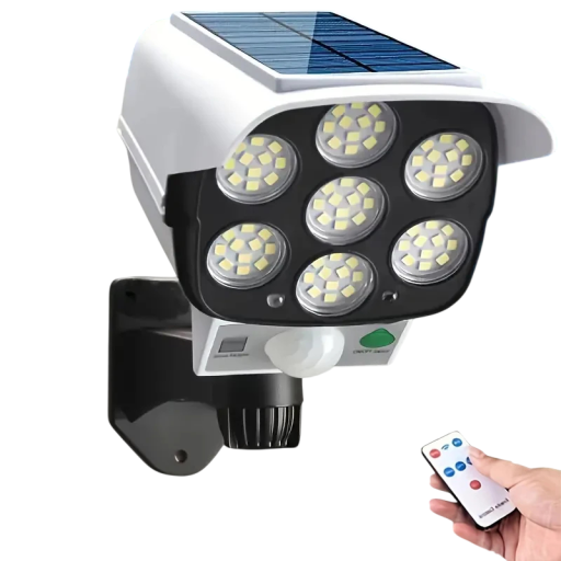 Solärt LED säkerhetsljus 77 LED 2000 lm PIR sensor IP65 med fjärrkontroll falsk kamera utomhuslampa