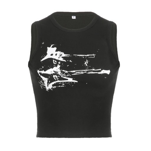 Damskt linne svart Rund halsringning Breda axelband Gitarrtryck Polyester spandex bekväm elastisk topp