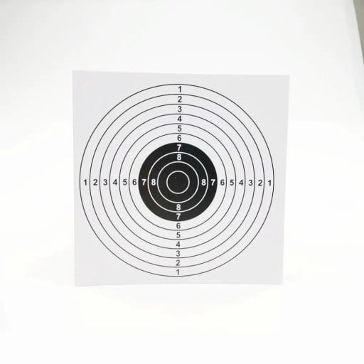 100 st skjutpapper 14 x 14 cm Rundt mål Koncentriska cirklar Poängsättning 1–8 Vitt papper med svart mitt