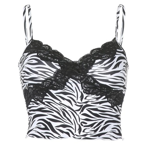 Damsk Lace Crop Top i svart och vitt med kantning V-ringning Tunn axelremmar Stilig topp polyester spandex