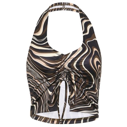 Damskt Crop Top Topp Brun med Färgade Mönster V-ringning Urtag Breda Axelband runt Nacken Stilig Topp Polyester Spandex