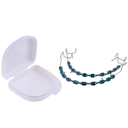 Dekorativa tandfalska tandregleringar 5 x 4,6 cm Par med krok och metalltråd Tillfällig tandprydnad med låda