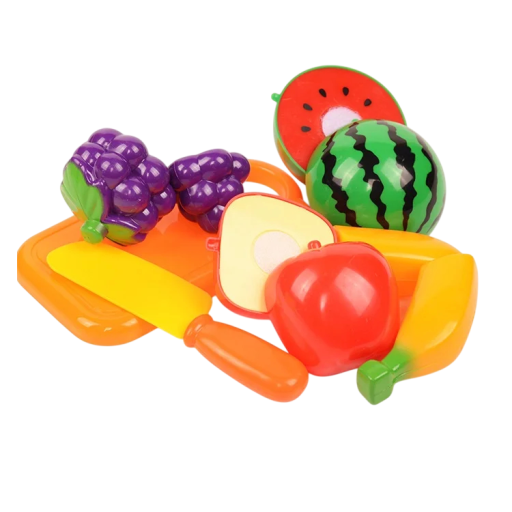 Set med 6 plastiska köksleksaker av frukter och grönsaker med kniv och skärbräda Barnleksak