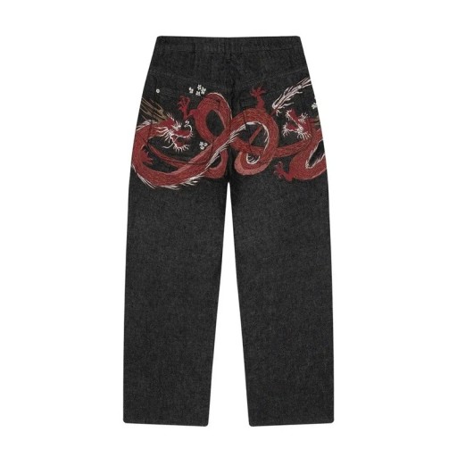 Herrjeans svarta med draktryck på bakfickorna, låg midja, lösa, med fickor, denim
