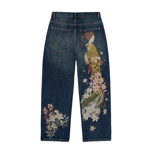 Herrjeans blå med tryck av geisha och blommor, låg midja, lös passform, med fickor, denim
