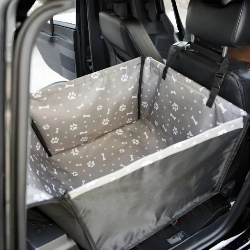 Bilstol för husdjur 60 x 35 x 53 cm Grå med tassmönster PVC skyddsbox för bil för hundar och katter