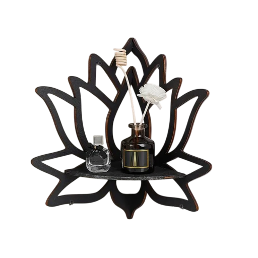 Svart trä hörn hylla Modern design Lotus Formad trädekoration för interiörer Skandinavisk stil för väggen
