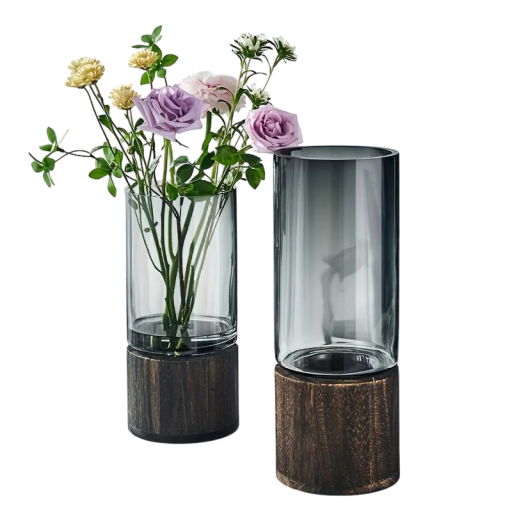 Glasvas 25 x 12 cm Lätt lyxig retrovas för blommor med träunderlag Mörkgrå dekorativt glas modern inredning