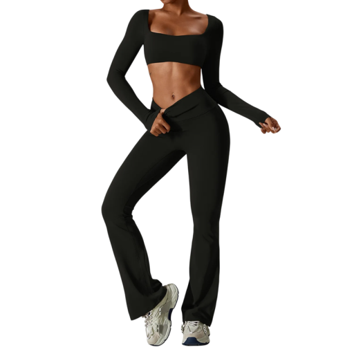 Damsportset med byxor och långärmad crop top, enfärgad, nylon, spandex, bekväm och stilfull för fitness