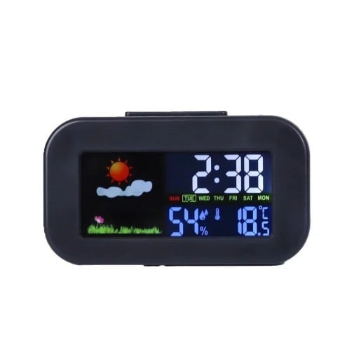 Meteorologisk station 90 x 30 x 51 mm Klocka med färgdisplay Drivs av 2 AAA-batterier
