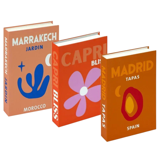 3 st Dekorativa falska böcker Marrakech Capri Madrid Oöppningsbara Pappersmodeller boho reseinredning