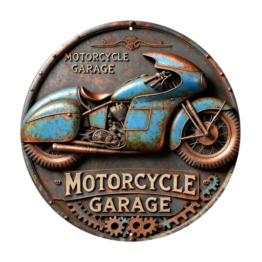 Rund skylt 2D aluminium Brons retro design med blå motorcykel Vintage väggdekoration för garage, verkstad och klubb