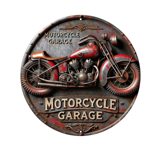 Rund skylt 2D aluminium Svart retro motiv med röda detaljer Motorcykel vintage dekoration Väggskylt