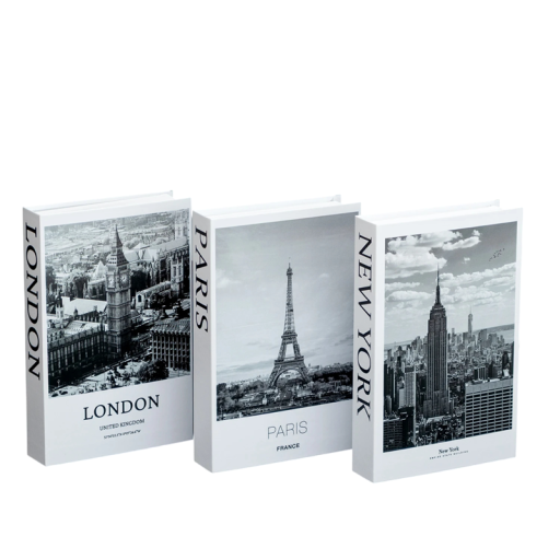Dekorativa falska böcker 3 st Oöppningsbara svartvita böcker London Paris New York modern inredningsdekoration