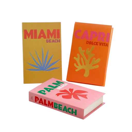 Dekorativa falska böcker 3 st Oöppningsbara färgglada böcker Miami Beach Capri Dolce Vita Palm Beach dekoration