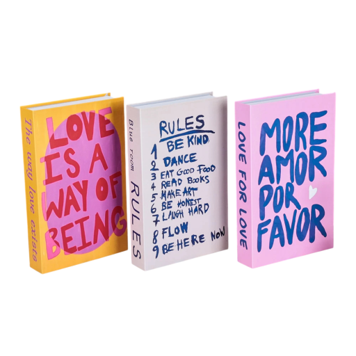 Dekorativa falska böcker 3 st Oöppningsbara motiverande färgglada böcker Love Rules More Amor dekoration