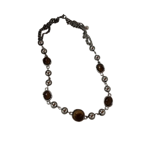 Choker i kirurgiskt stål Justerbar halsband Bruna pärlor Naturlig retro look Dam mode smycke
