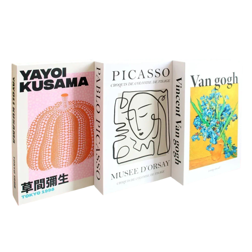 Dekorativa falska böcker 3 st Oöppningsbara dekorationer för inredning konstnärlig stil Picasso Van Gogh Kusama