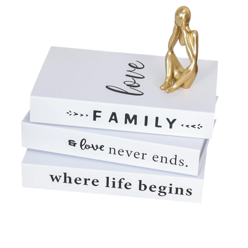 3 st Dekorativa falska böcker Oöppningsbara vita dekorationer med texterna Family, Love, Life Modern inredningsdetalj för hyllan
