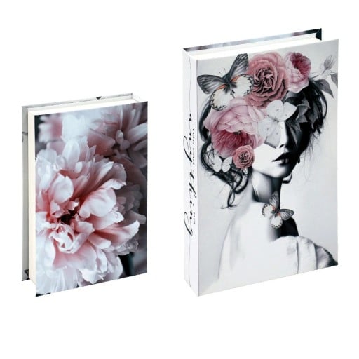 Falsk bok med förvaringsutrymme Pioner och fjärilar Dekorativ öppningsbar bok vit med blommönster och fjärilsdesign