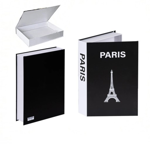 Dekorativ bok PARIS Öppningsbar förvaringslåda Hemlig förvaringsbox till bibliotek Svart vit design Eiffeltornet