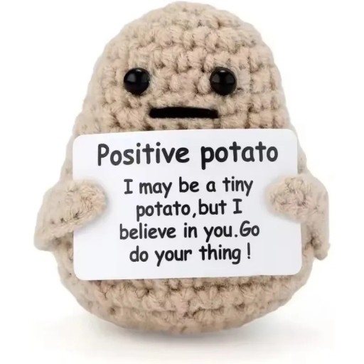 Virkat dekorativ potatis med motiverande meddelande Söt textilfigur för positiv energi