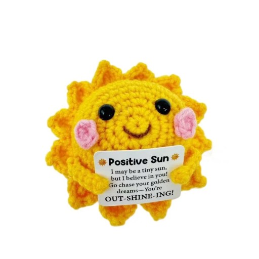 Virkat sol med motiverande budskap Söt textilfigur för positiv energi och inspiration