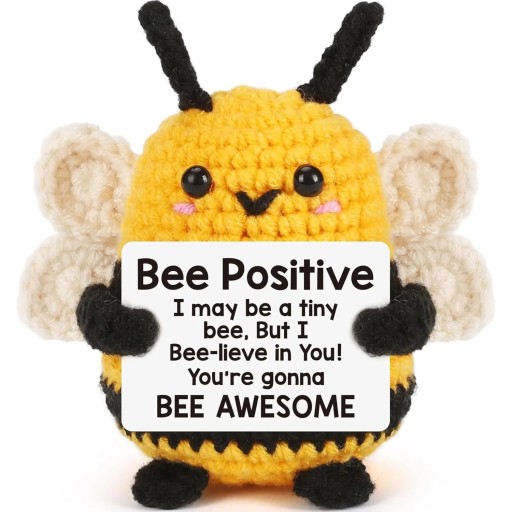 Virkat bi med motiverande meddelande Söt textilfigur för positiv energi och motivation