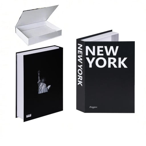 Dekorativ bok med förvaringsutrymme NEW YORK – öppen, svart med texten "NEW YORK", gömt utrymme för småsaker