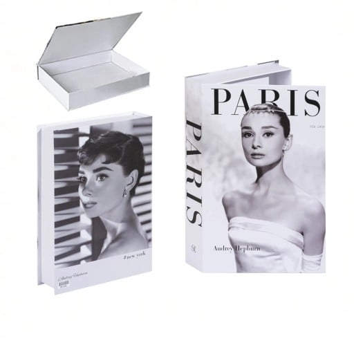 Dekorativ bok med Audrey Hepburn – förvaringsutrymme, öppningsbar, svartvit med motivet "Paris"