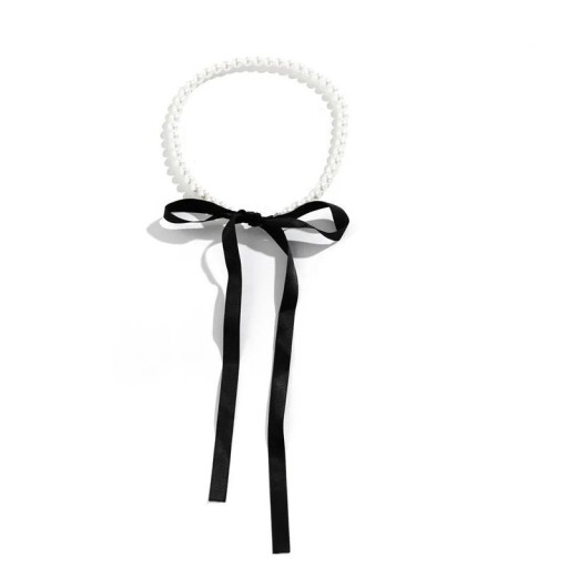 Elegant halsband för damer med pärlor 38 cm och färggjord rosett, knytning med rosett
