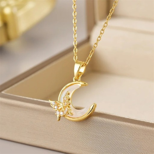 Damernas gyllene choker med hänge mån och fjäril i kirurgiskt stål med zirkoner